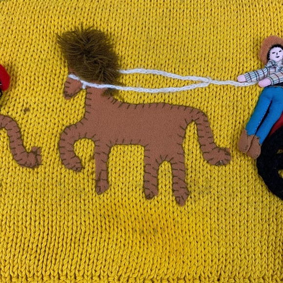 Vintage Andina Blue Yellow Western Town Teacher Sweater TINY FLAW - Picture 8 of 13